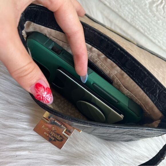 KATE SPADE Black Leather Croc Embossed Madison Knott Rosie Crossbody - Picture 9 of 11